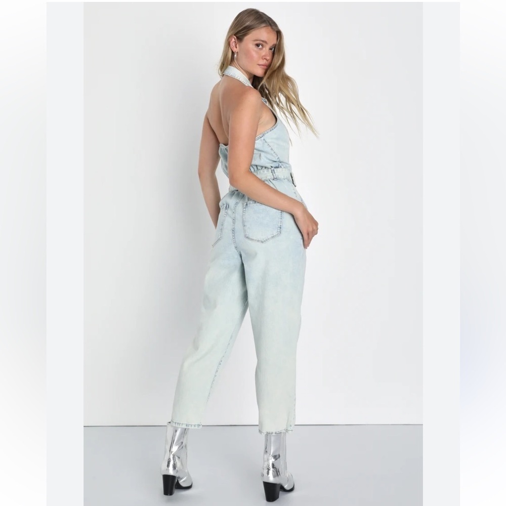 Blank NYC Light Blue call my name backless halter Denim Jumpsuit